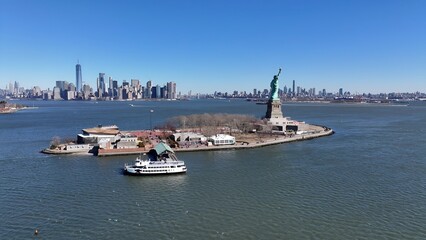 Statue Of Liberty In Manhattan New York United States. Tropical River With A Scenic Forest Trees Viewed From Above. Shore Sky Clouds Beach Sea. Seaside Panorama. Manhattan New York.