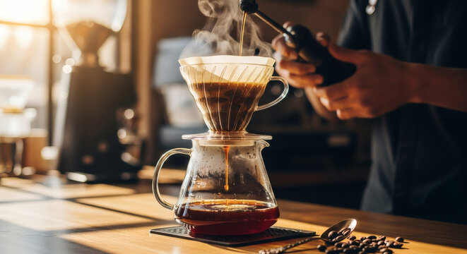 Close-up of a barista pouring hot water over coffee grounds in a glass pour-over device, with steam rising, in a cafe setting. - Powered by Adobe