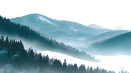 Foggy mountain landscape with mist, panoramic view, isolated