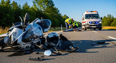 Motorcycle accident with damaged motorbike and ambulance arriving to assist injured person. Scene shows motorcycle accident with emergency responders.