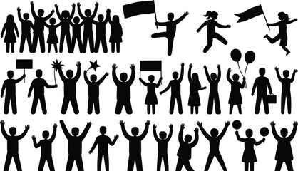 Vector silhouettes of people including men, women, and children in various poses like walking, dancing, and standing, featuring a group with a business and casual style, some with a gun