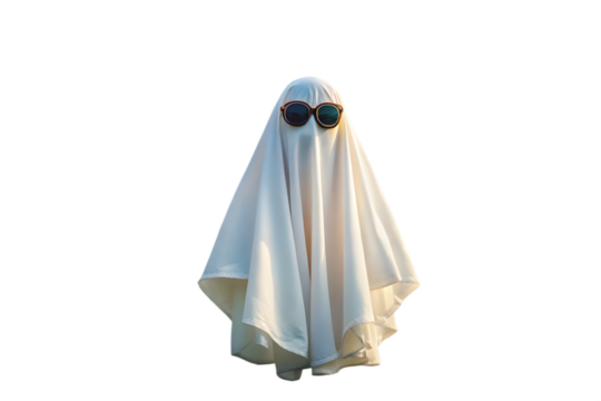 A white sheet ghost wearing stylish sunglasses, standing playfully, isolated on transparent background
