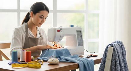 Sewing project in bright home studio, young woman using a sewing machine. Crafting a sewing project includes denim fabric, measure tape, and spools of thread. Happy seamstress works on sewing project,