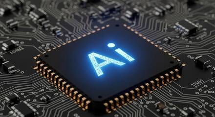 Electronic AI Chip on a dark printed circuit board with glowing text. AI Chip close up reveals intricate connections, reflecting complex technology, machine learning,
