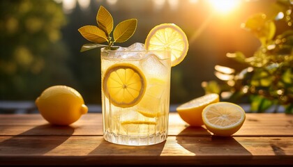 a refreshing glass of citrus drink with ice and lemon slices sits on a wooden table bathed in warm sunlight