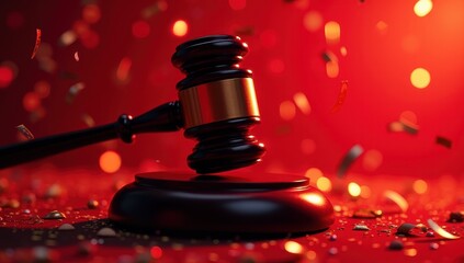 A red-lit gavel symbolizing justice against a backdrop of falling confetti and streamers, merging themes of celebration and legal authority.
