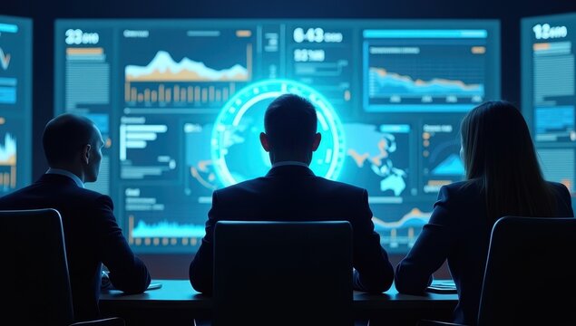 Professionals in silhouette strategizing in a high-tech boardroom with digital data panels, symbolizing power and control in corporate environments.
