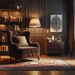 Modern armchair in living room with dark brown color scheme