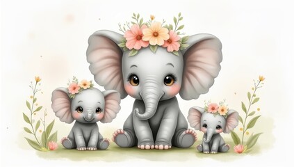 Cute baby elephants with flower crowns sitting together in a soft watercolor illustration, symbolizing innocence and joy.
