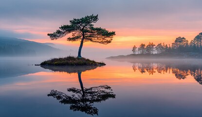 Fototapeta premium Solitary pine tree on islet, mirrored in calm lake at sunrise