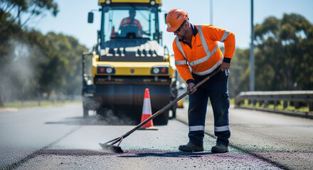 Road construction worker with roller smoothing asphalt, a dedicated road construction worker diligently levels the asphalt surface with rake.