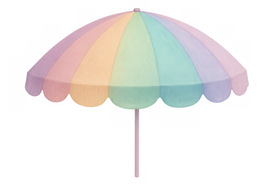 Pastel rainbow-striped beach umbrella with scalloped edges, providing playful shade against bright summer sunlight, floating on transparent background