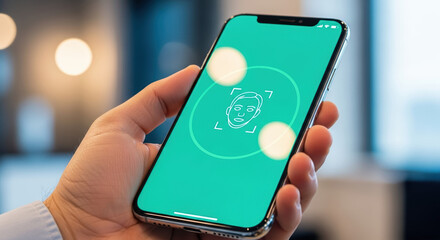 Facial recognition on mobile, with person's hand holding a smartphone. Mobile security showing facial recognition technology on device and blurred background. Future of mobile security,