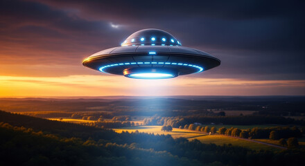 Flying saucer over landscape with brilliant lights illuminating ground, UFO sighting. Flying saucer illuminating landscape with radiant lights in twilight.