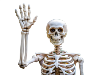 A human skeleton waving hello, isolated on transparent background