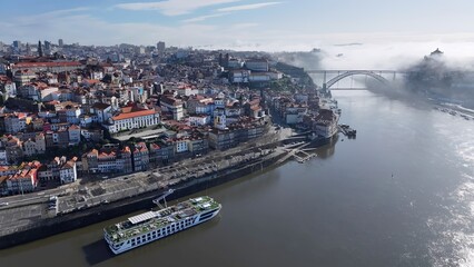 Fototapeta premium Porto Skyline In Porto Portugal. Aerial View Of Stunning Beach With Crystal Clear Waters. Business Sky Background Downtown Cityscape. Backgrounds Panorama. Porto Portugal.