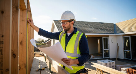 Construction worker with blueprint inspects unfinished construction site, overseeing the framework. Construction worker on job site, checking house plans.