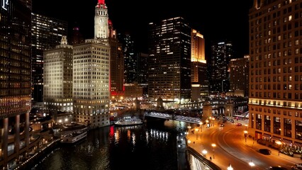Night Downtown Chicago In Chicago Illinois United States. Bustling Downtown Cityscape With Modern...