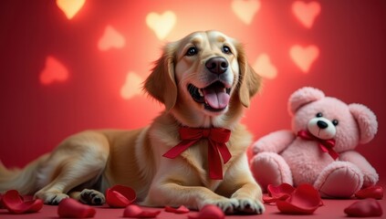 Joyful golden retriever with a red ribbon beside a pink teddy bear and rose petals, set against a romantic heart bokeh backdrop, Valentine's Day concept