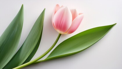 Obraz premium a delicate pink tulip flower with two elongated green leaves on a white background