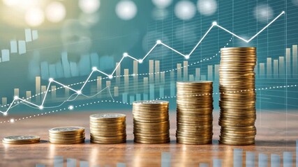 financial growth with stacked gold coins and digital data overlay video - Powered by Adobe
