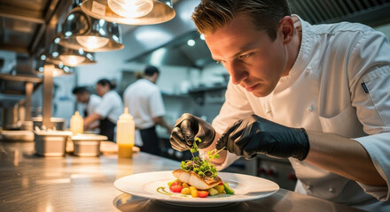 Fine dining is presented by handsome chef at work in busy kitchen, preparing delicious fish dish. Fine dining in restaurant showcases exquisite presentation, with vegetables arranged artistically,