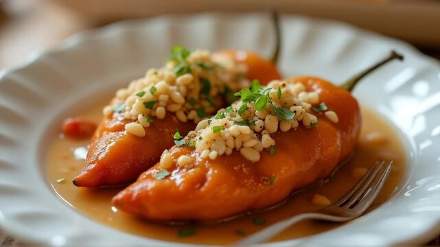  Chiles en Nogada served authentically on a plate

