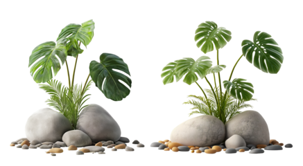 Lush monstera plants on grey rocks, cutout