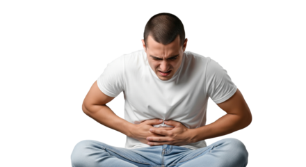 Upset Man Sitting with Severe Stomach Pain on Transparent Background