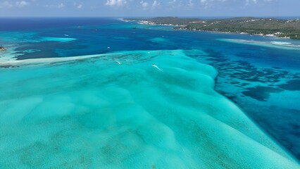 Fototapeta premium Caribbean Skyline In San Andres Caribbean Island Colombia. Aerial View Of Stunning Beach With Crystal Clear Waters. Shore Horizon Beach Sea. Shore Seaside Tropical Environment.
