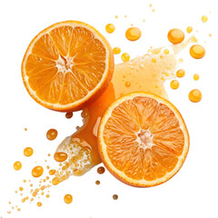 Fresh orange halves with juice splash isolated on transparent background