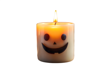 A small, square candle with a carved jackolantern face, lit with a glowing flame, isolated on transparent background, perfect for halloween ambiance