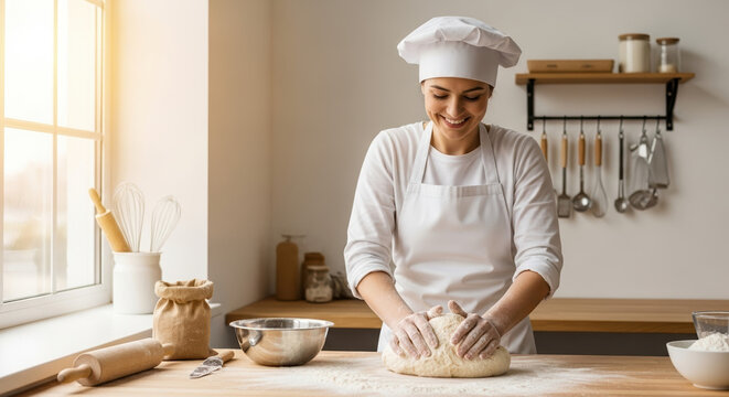 Baking bread involves a skilled baker kneading dough on wooden surface, flour dusting everywhere, creating lovely artisanal loafs. Baking bread requires precision and passion in every step.