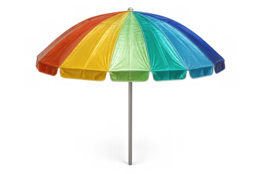 Colorful rainbow beach umbrella open, providing shade on a transparent background, perfect for summer and vacation projects