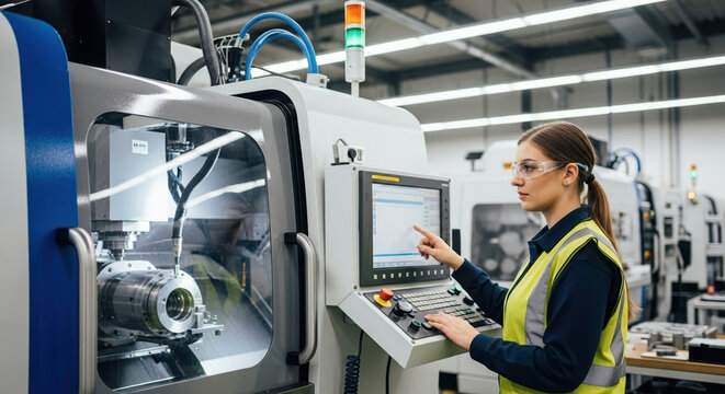 Young female engineer operates machine inside factory, wearing safety glasses. Machine operation requires precision and skill in modern manufacturing. - Powered by Adobe