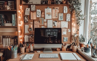 Cozy Workspace with Corkboard and Warm Lighting