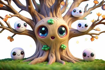 Obraz premium Whimsical fantasy tree creature with cute, friendly characters nestled in its branches, evoking a magical and enchanting forest atmosphere, isolated on transparent background