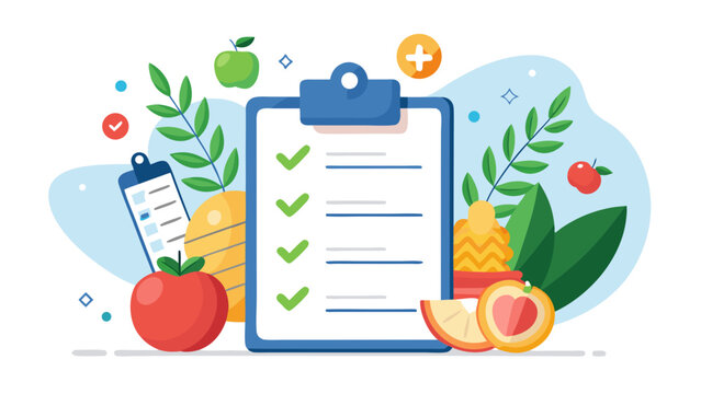 Vector art of healthy eating checklist with fruits like apples, peaches, and pineapple, representing a balanced diet and wellness plan for a healthy lifestyle
