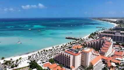 Palm Beach In Oranjestad Caribbean Netherlands Aruba. Turquoise Water Caresses Tropical Beach In A...