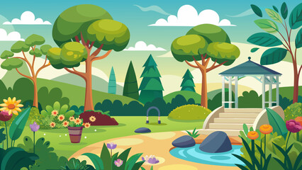 Fototapeta premium Vector art of a picturesque park landscape with lush green trees, blooming flowers, a winding path, and a serene pond, creating a tranquil and inviting outdoor setting