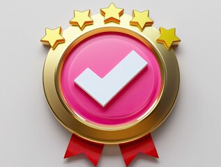 Golden award ribbon with pink checkmark and stars
