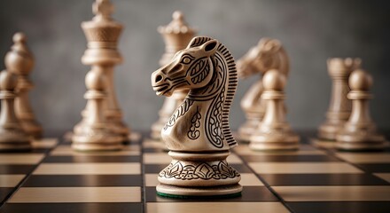 An ornate white knight chess piece is in focus on a checkered board, with other pieces blurred behind it.
