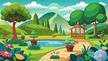 Obraz premium Vector art of beautiful park landscape with a pond, gazebo, trees, flowers, and rolling hills under a blue sky with clouds, perfect for a serene outdoor spring or summer day