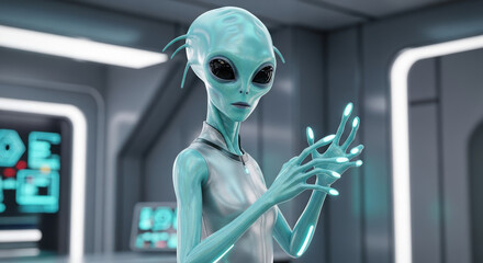 Alien character in futuristic environment with pale blue skin and slender build. Alien character studies glowing object in spacecraft. Alien character evokes a sense of wonder,