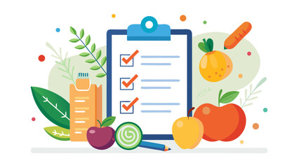 Vector art of health and nutrition checklist on a clipboard with fresh fruits, vegetables, and a pencil, representing a healthy lifestyle plan and goal achievement