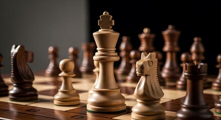 Close-up of a white chess king on a wooden board, symbolizing leadership and strategy in a competitive game