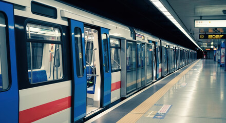Fototapeta premium Subway train awaits passengers at station, doors open, ready to depart. Subway train provides efficient urban transport, easing congestion, reducing travel times within city.
