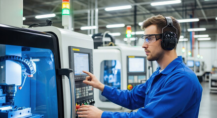 Professional CNC operator works at control panel, using CNC machine in modern factory, focused on CNC precision machining. CNC operator expertly monitors computerized numerical control,