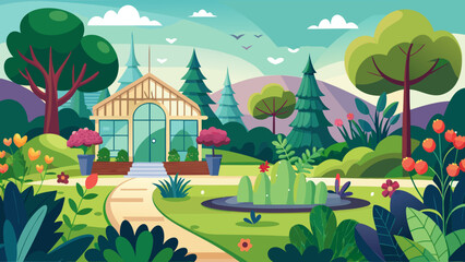 Vector art of a picturesque garden scene with a charming greenhouse, lush greenery, colorful flowers, and a winding path, creating a serene and inviting atmosphere