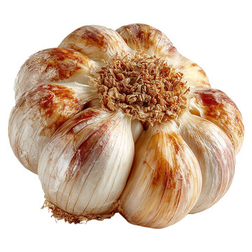 A whole head of garlic in perfect shape, presented in an ancient floating form, creates the impression of fiery weightlessness. This highly detailed image gives the natural texture of the garlic's pap